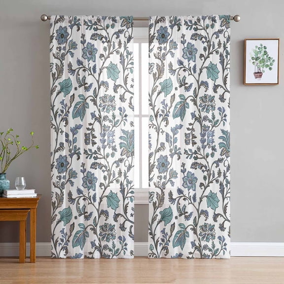 Boho Leaf Sheer Curtains 63 Inch Length 2 Panels Set for Living Room/Bedroom, Teal Green Spring Farmhouse Pastoral Tribal Curtain Sheers Drapes Rod Pocket Curtains Window Treatment Set 52''x63''x2
