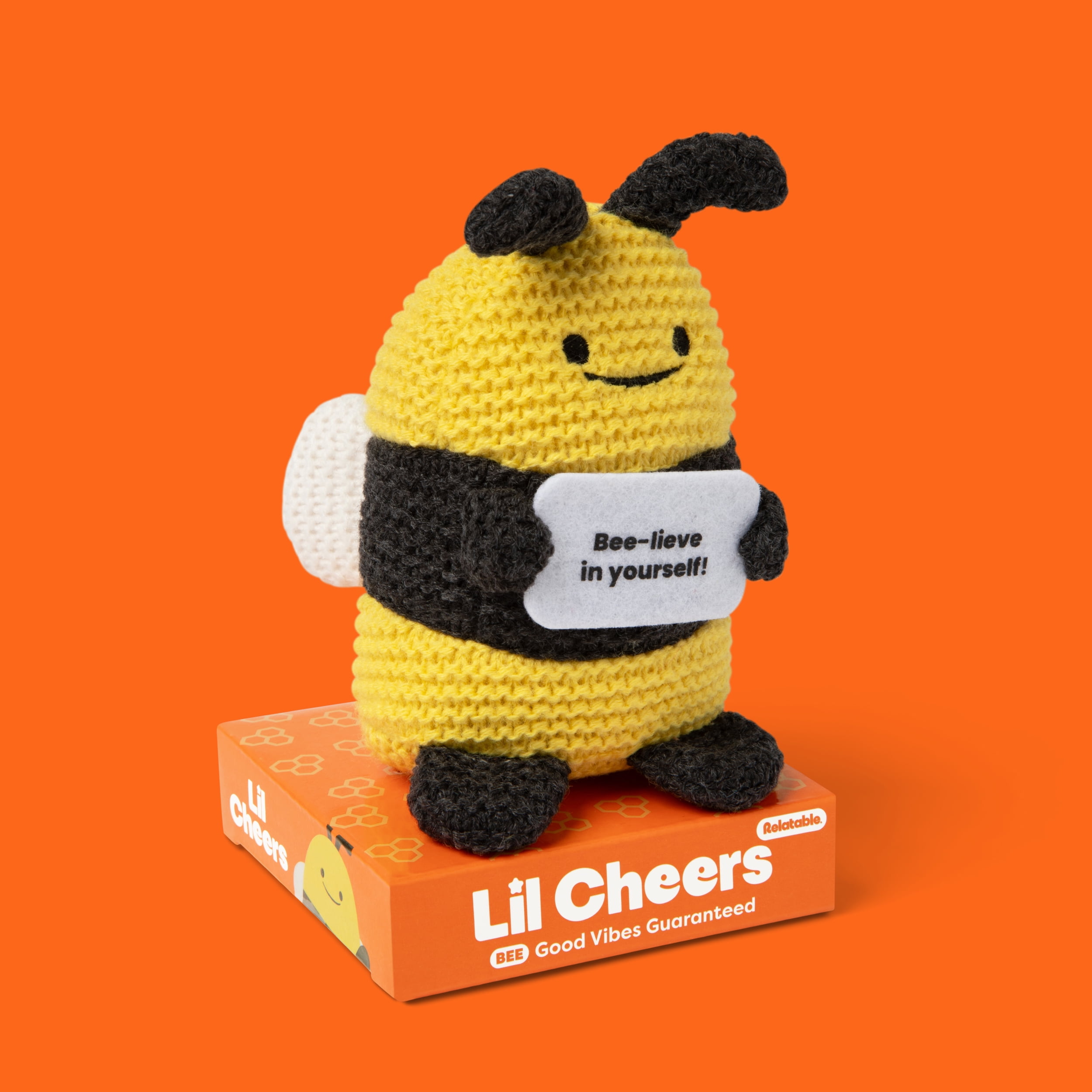 Lil Cheers Bee by What Do You Meme? Easter Gifts for Kids, Crochet Plush with Motivational Sign, Classroom & Office Desk Accessories