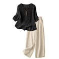 thumbnail image 4 of Summer Solid Color V Neck Embroidered Three Quarter Sleeve Top and Wide Leg Pants Two Piece Set for Women Beach Black M, 4 of 4