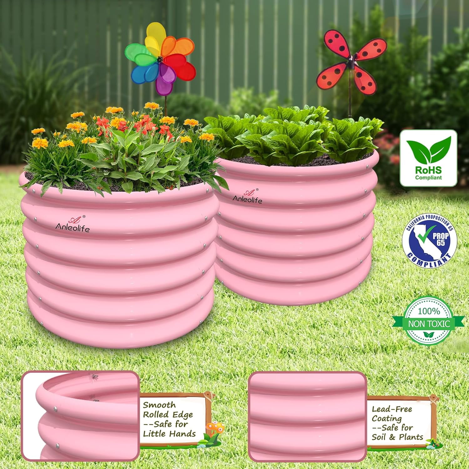 Kids Raised Garden Beds Outdoor (4-Pack)-24x24x18in Round Galvanized Metal Planter Box for Planting Vegetables, Flowers, Fruits, Eco-Safe & Easy Setup, Blush Pink