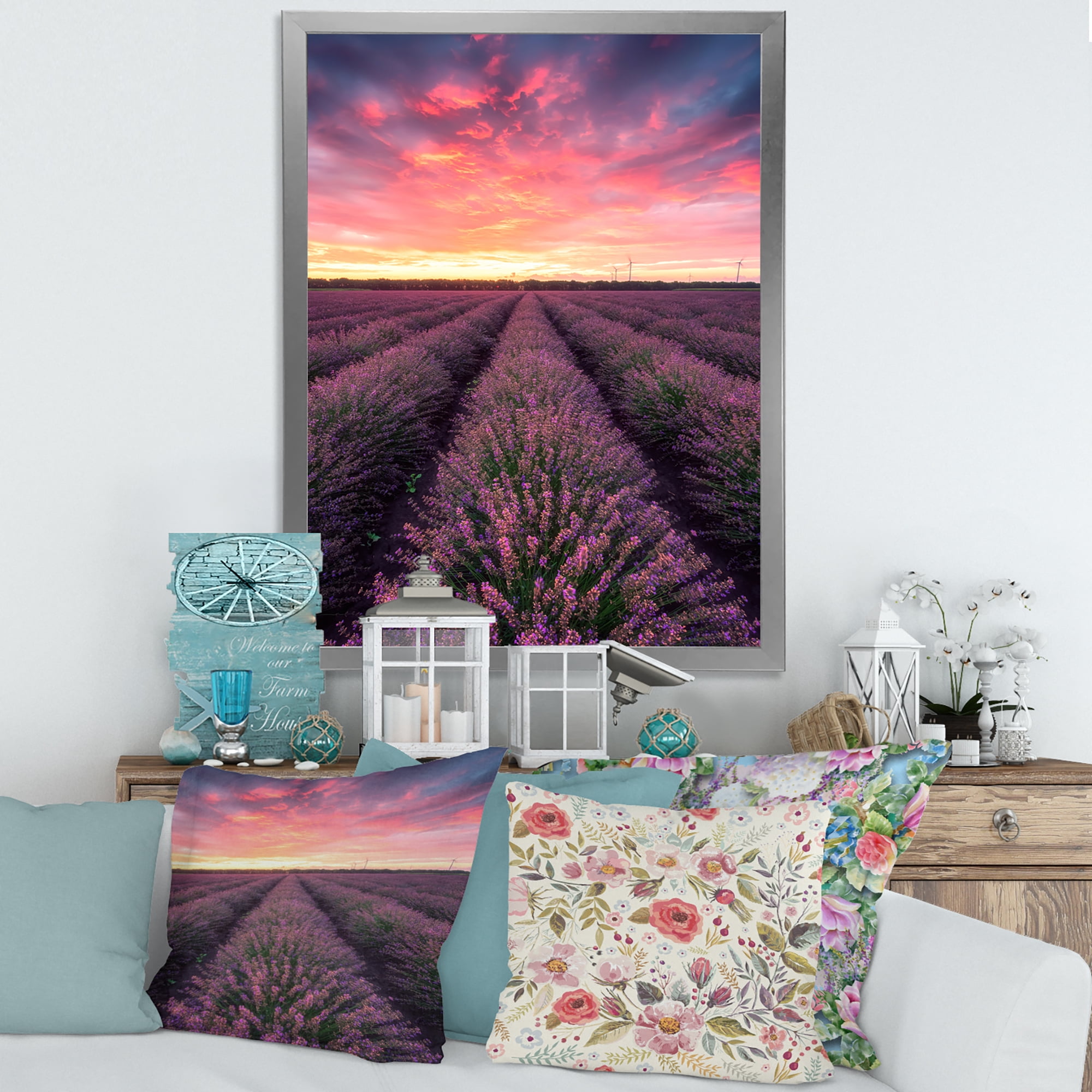 Designart 'Dramatic Clouds and Sunrise Over Lavender Field XIV' Farmhouse Framed Art Print
