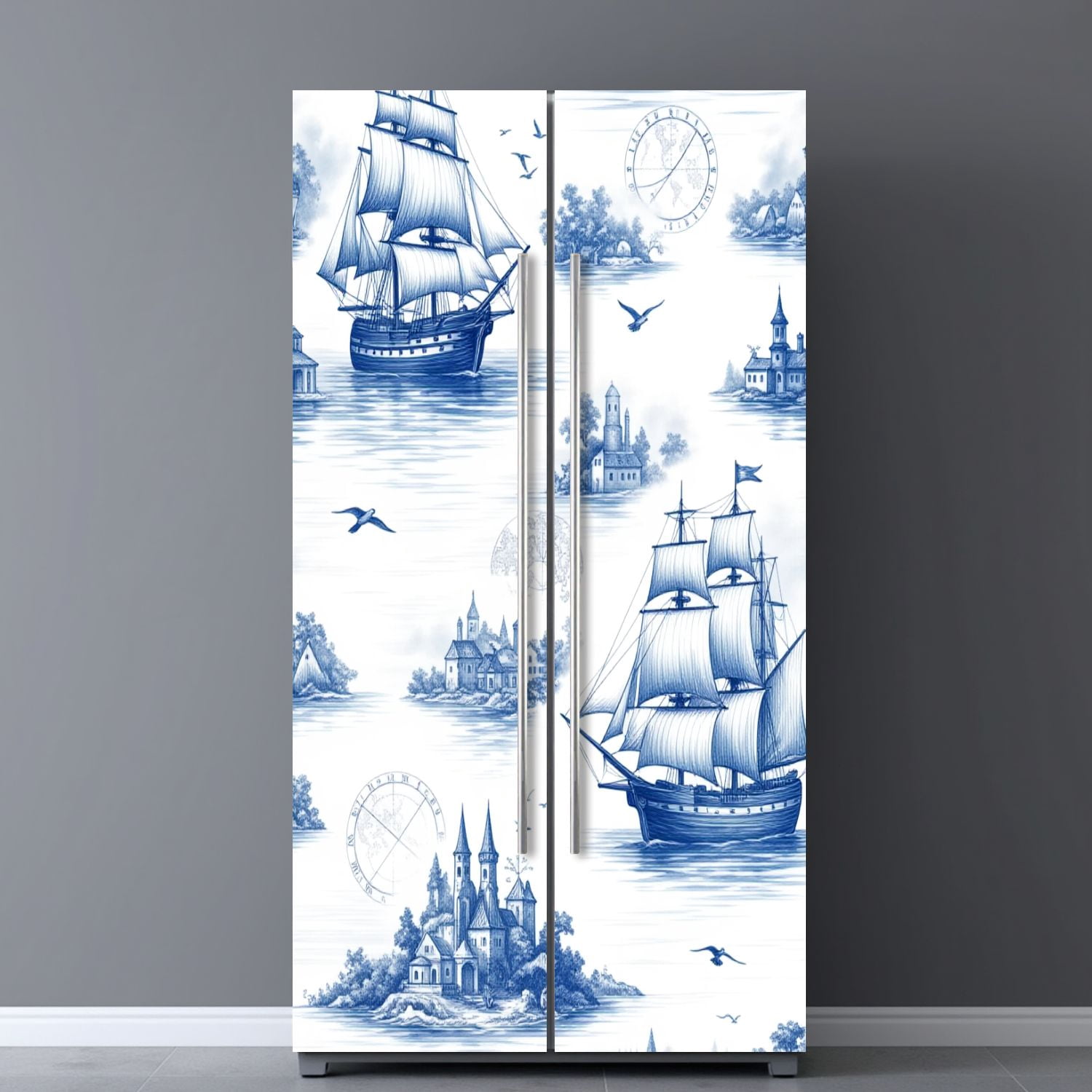 Self Adhesive Vinyl Refrigerator Wrap Set Vintage Nautical Sailing Ships Coastal Scenes Blue White Door Mural Removable Fridge Sticker Peel and Stick&nbsp;Full Door Cover Decal Kitchen Bar Decor