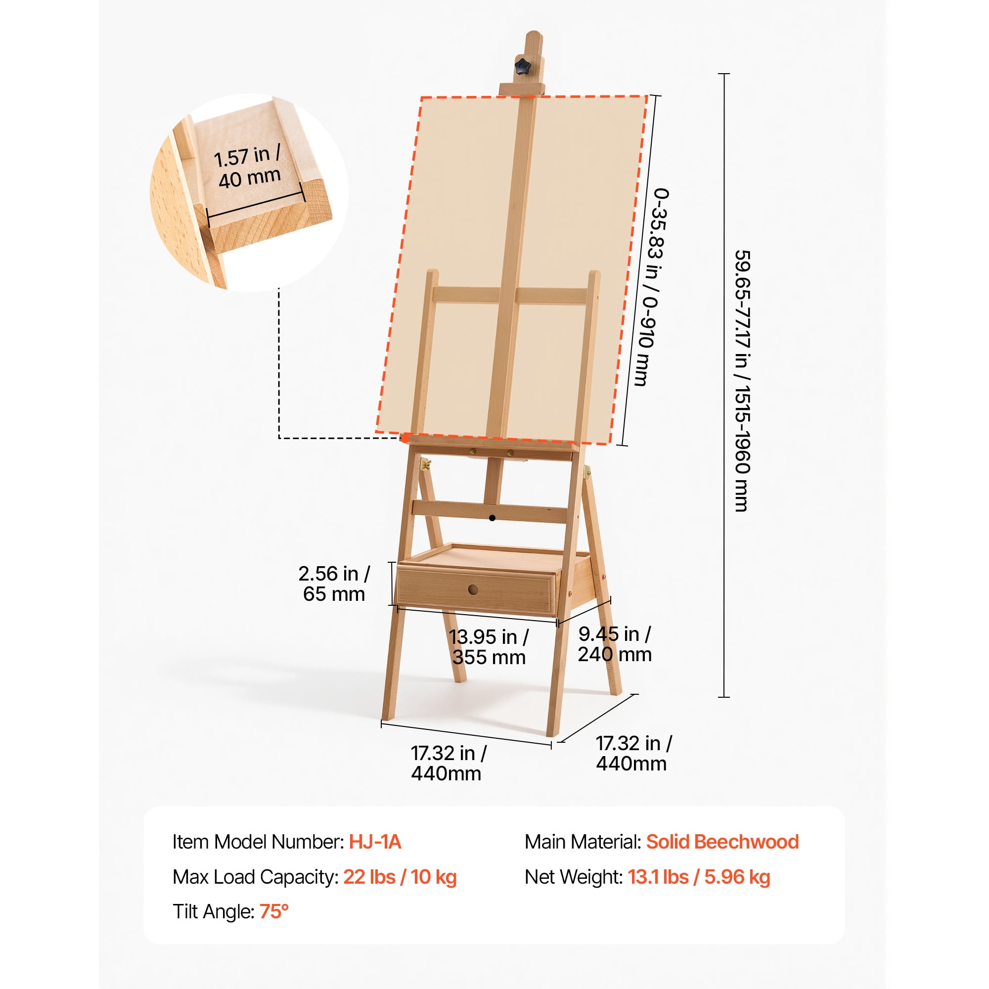 KFFKFF Studio H-Frame Easel with Adjustable Height, Holds Canvas Up to 35.83 Inches, Solid Beech Wood Construction, Versatile Art Easel with Storage Drawer, Natural Finish
