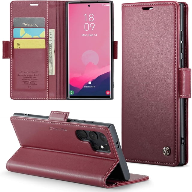 Funda tipo cartera para Samsung S24 Ultra con tarjetero, función atril, bloqueo RFID, cierre magnético, protección a prueba de golpes, de piel sintética, con tapa tipo cartera