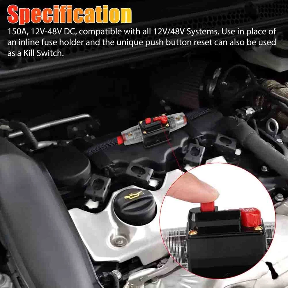 New Car Stereo Audio 12V Circuit Breaker Fuse Inline Fits 4 8 Gauge Wire 150 Amp