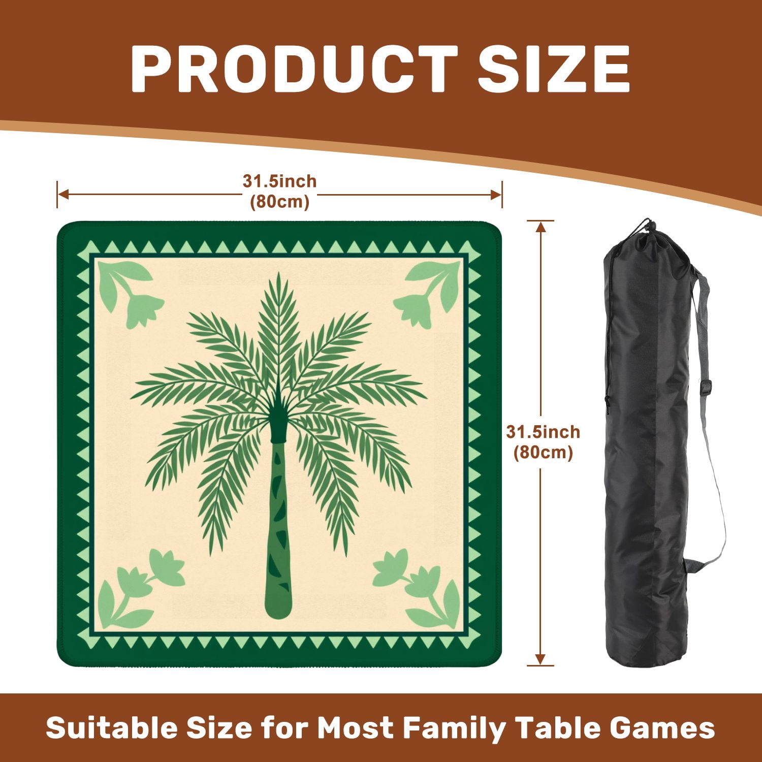 Mahjong Mat 31.5" x 31.5" Green Palm Tree Tropical Leaves Decorative Border Non-Slip Noise Reduction American Mahjong Tiles Table Cover for Dominoes Poker Card Board Games Gift