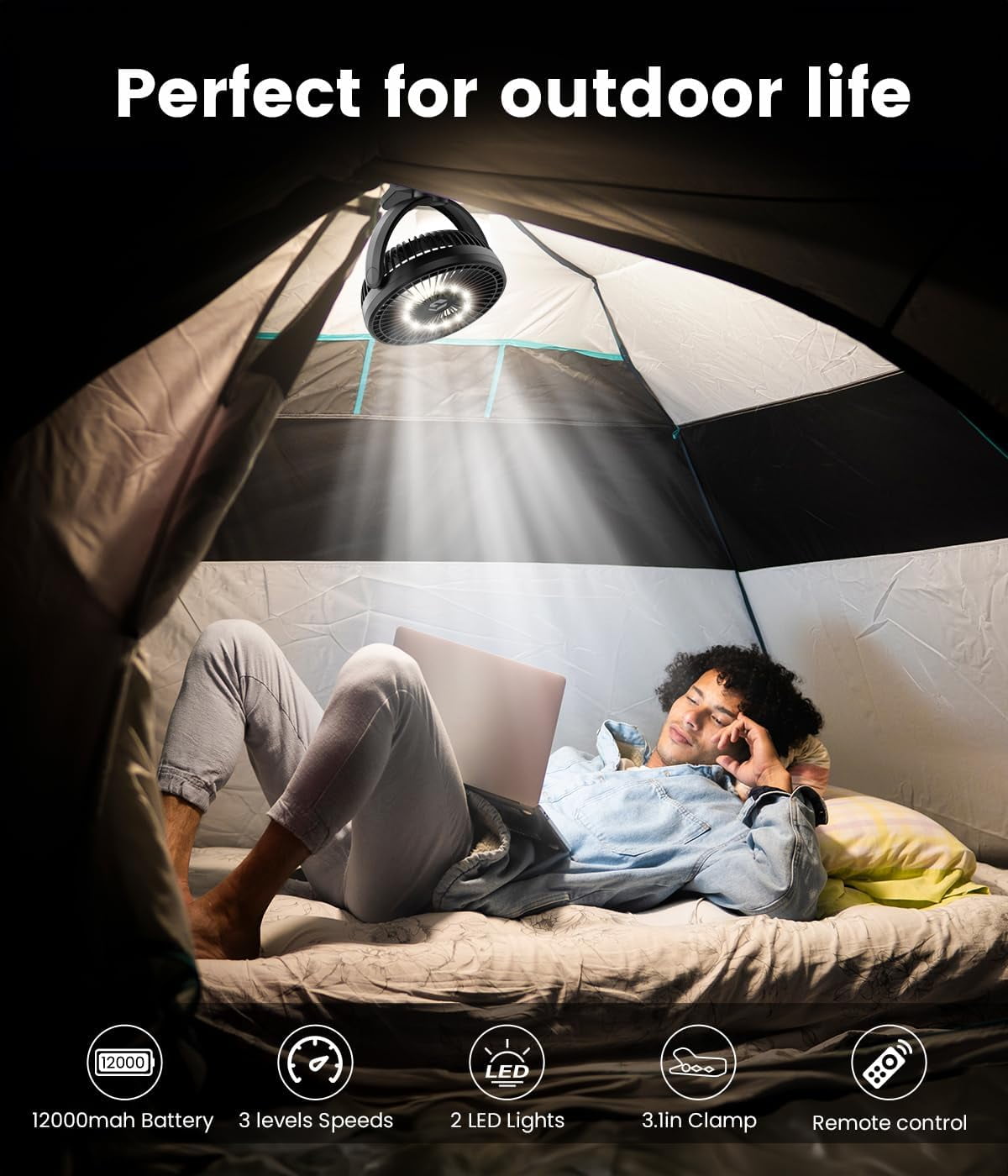 8-inch Portable Fan with 12000mAh Battery, 3 Speeds, Quiet Operation, USB Rechargeable for Office, Bedroom, Camping