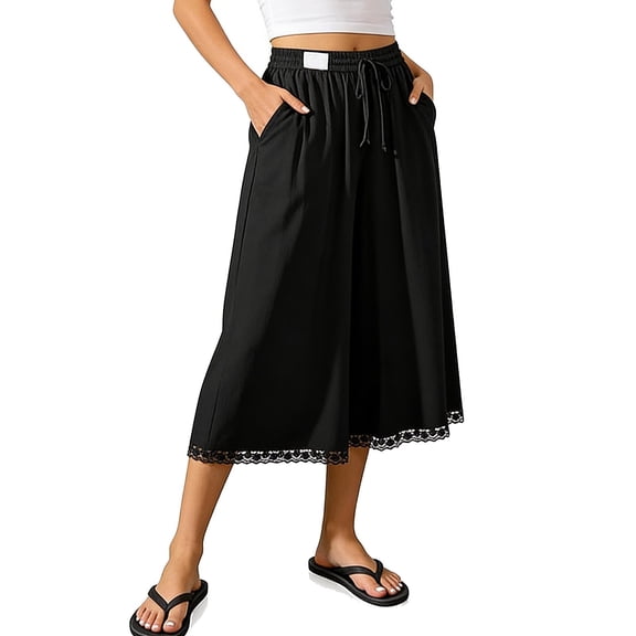 Women's Cotton Linen Palazzo Pants Solid Color High Waisted Drawstring Casual Pants Wide Leg Elastic Waist Summer Beach Lace Capris with Pockets
