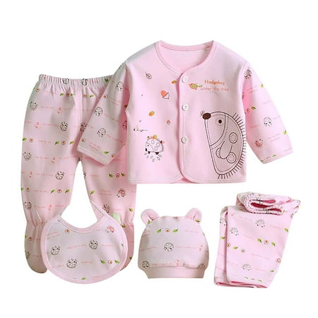 

QWERTYU Newborn Girl Boy Outfits Clothes Set Long Sleeve Cartoon Print Button T Shirts and Pants Set with Hat Bib 0-3M Pink 0-3M