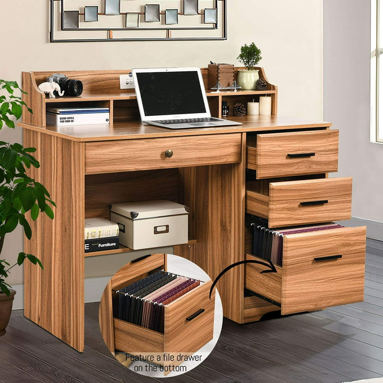 Catrimown Computer Desk with 4 Storage Drawers and Shelves, White Farmhouse  Office Desk for Bedroom Teens Writing Desk, Executive Desks for Home