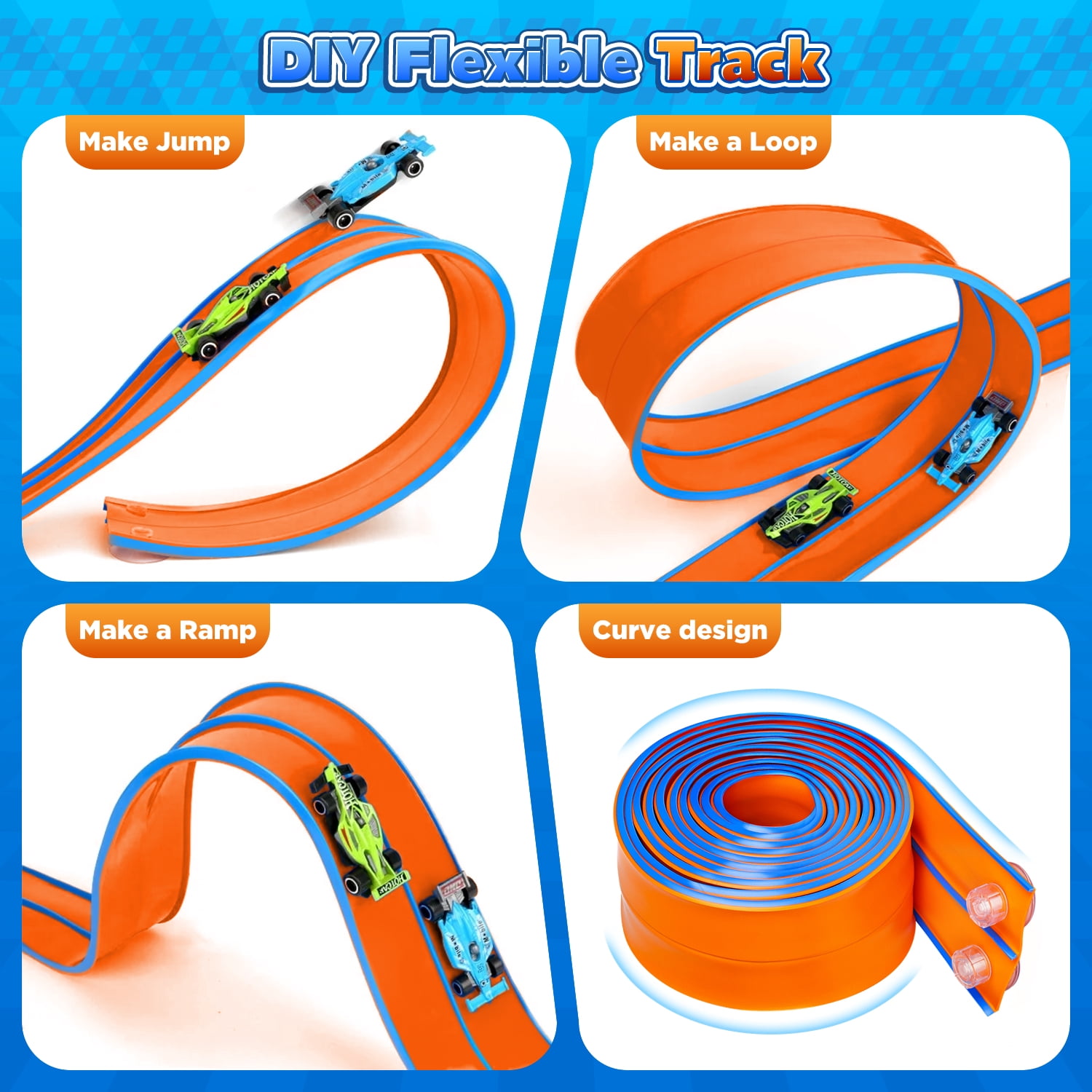 Beefunni 15FT Flexible Race Track for Kids, Bendable Track with Suction Cups, Portable & Foldable Indoor/Outdoor Toy, Compatible with Most 1:64 Toy Cars, Creative Gift for Boys & Girls