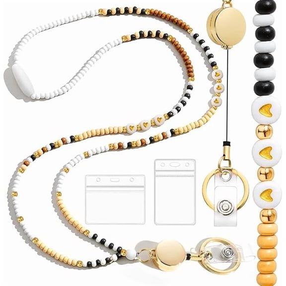 Stretchable Beaded Lanyard with Quick Release Clasp, 2 ID Badge Holders, Brown Bead Necklace for ID Cards, Keys, Women's Accessory
