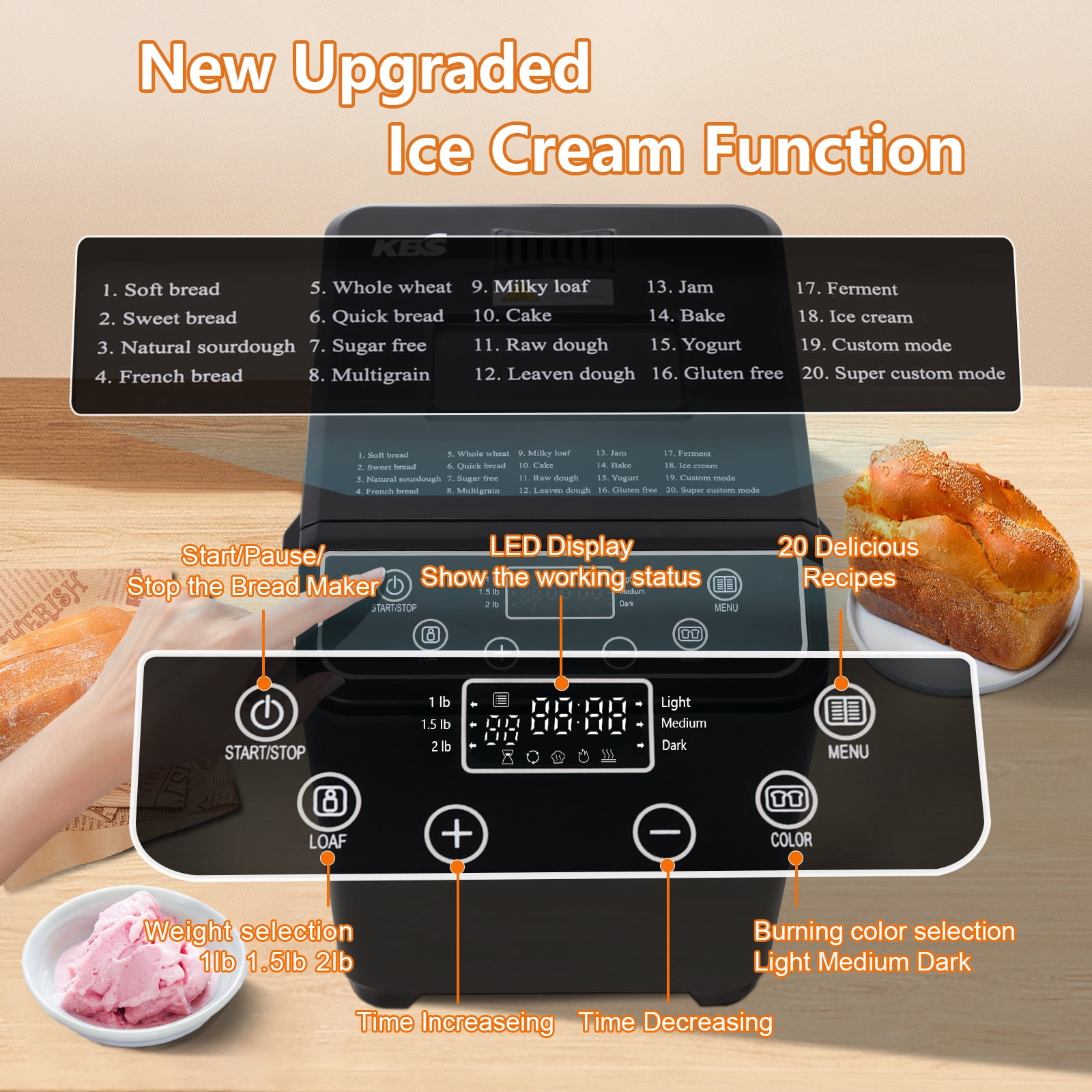 KBS  Bread Maker Machine with Ice cream program,20-in-1 2LB Fully automatic bread machine，DIY setting,15 Hour delay timer,Black Model#070 Ice cream version