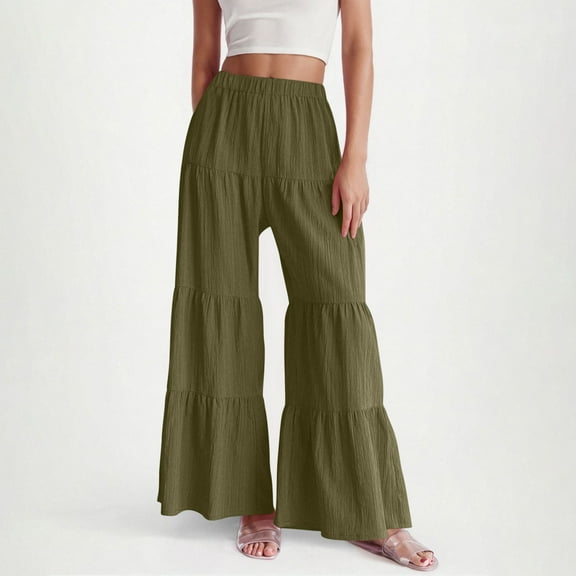 Qulqfy Pleated Women pants Green Ruffle Wide Leg High Waisted Baggy Casual Flowy Pants Athletic Pants for Women L