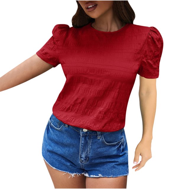 Bigersell Tuniques pour Femmes Mode à Carreaux Col Rond Couleur Unie Manches Bouffantes Manches Courtes Chandail Régulier Style Tendance B20940, Rouge TG