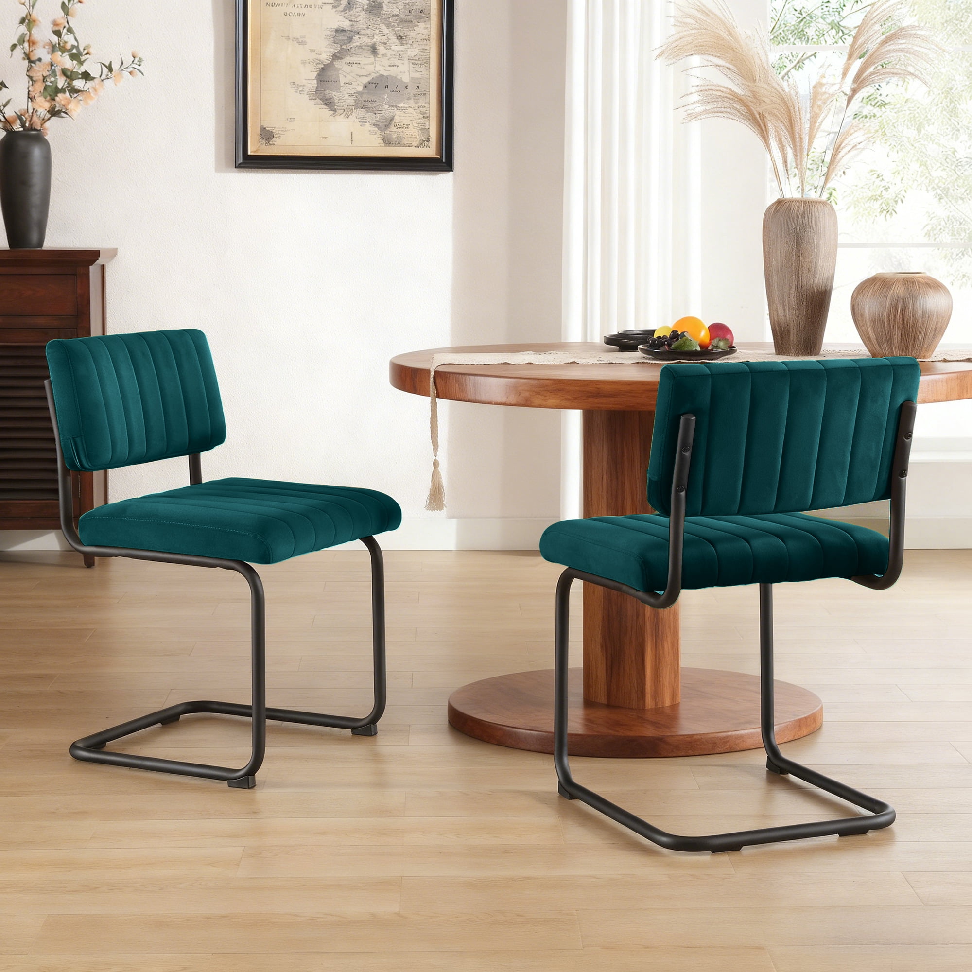 Zesthouse Mid Century Modern Dining Chairs Set of 2, Velvet Upholstered Dining Room Chairs with Metal Legs, Tufted Channel Kitchen Chairs for Dining Living Room, Teal