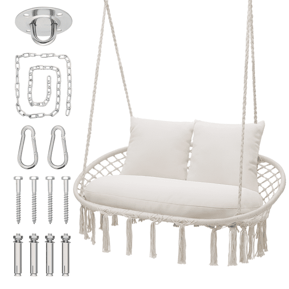 MoNiBloom 2-Person Hammock Chair, Hanging Hammock Macrame Swing with Cushion, Cotton Rope, Tassels, Bohemian Style Hanging Chair for Bedroom Indoor Outdoor, Beige