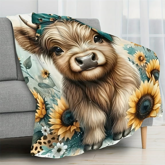 Warm Gift Highland Cow With Bow And Sunflower Cute Fun Print Flannel Blanket Soft Warm Cozy Blanket For Sofa Bed Car Camping Office Home Decor Gift Blanket For All Seasons