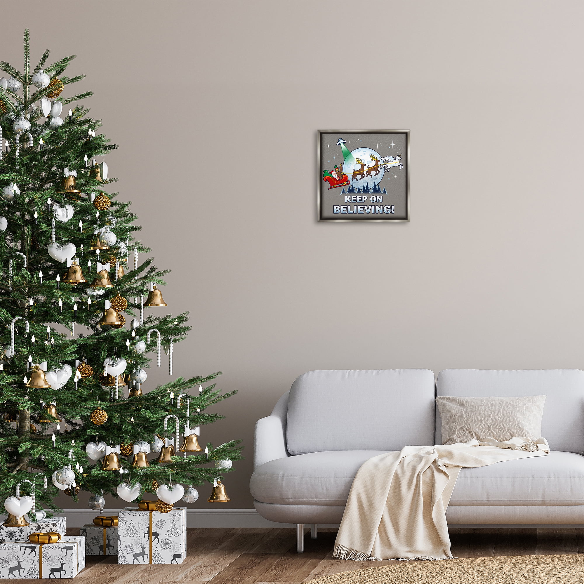 Stupell Industries Keep on Believing Holiday Holiday Painting Gray Floater Framed Canvas Art Prints Wall Art, 18 x 18