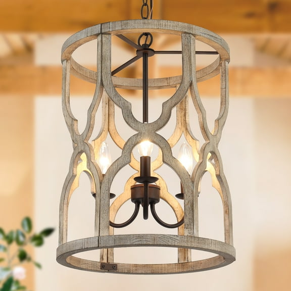 LNC Farmhouse Chandelier 3-Light Rustic Weathered Wood Globe Chandelier Dining Room Pendant Light