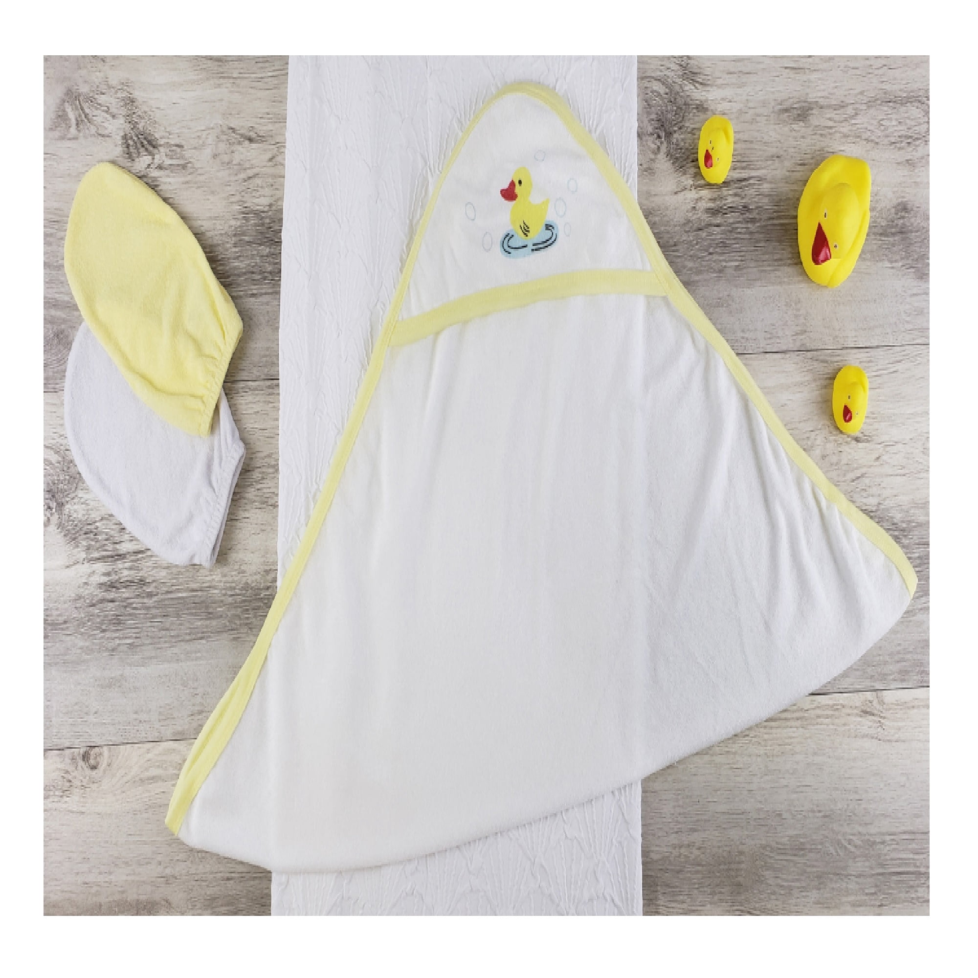 LS-0628 Hooded Towel & Bath Mittens, Yellow & White - Newborn