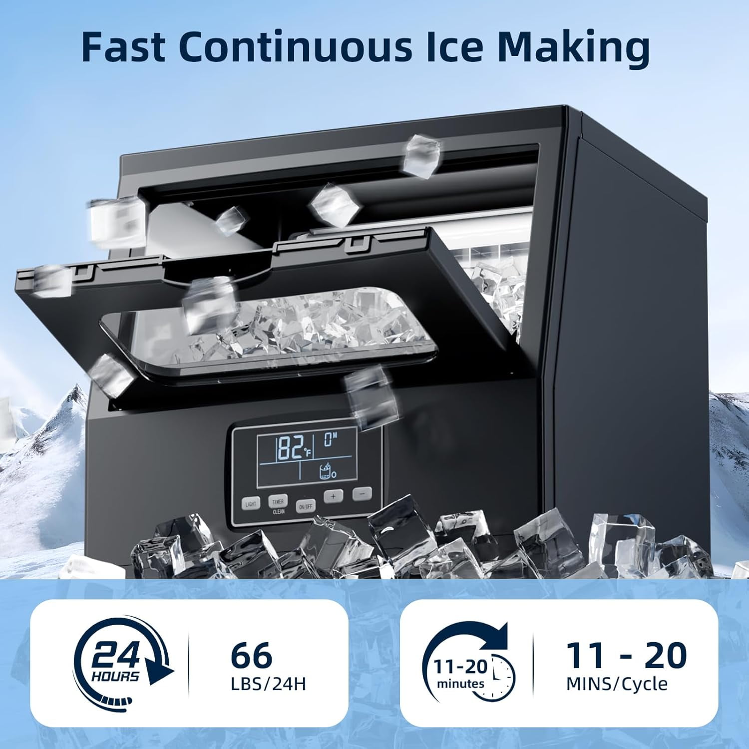 Commercial Ice Maker Machine,66Lbs/24H with 8Lbs Ice Storage Capacity,Stainless Steel Bulit-in Undercounter Freestanding Cube Ice Maker,Self-Cleaning,for Compact Cafe,Bar,Home Kitchen
