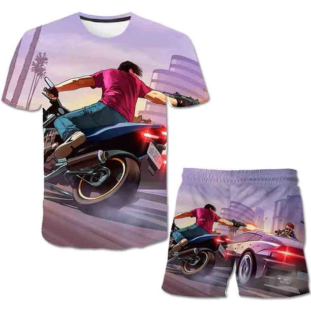 2023 Baby Grand Theft Auto ropa traje niños niñas camisetas de manga corta pantalones cortos de cintura elástica conjunto de ropa 2 uds traje Outfits5T Gao Jinjia LED