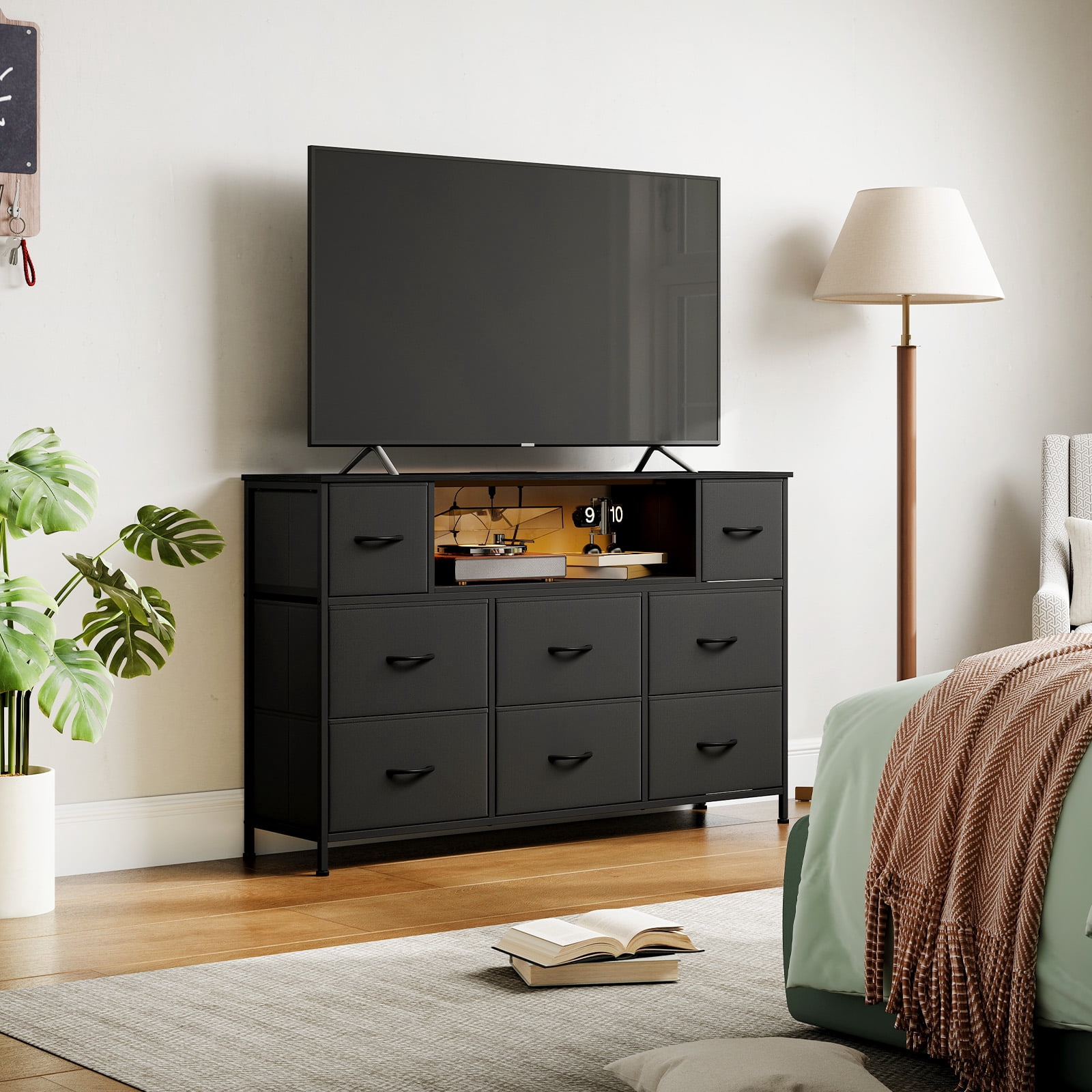 Eunos Black Tv Stands for 65" Tv with 8 Drawers, LED & Power Outlets for Bedroom, Living Room