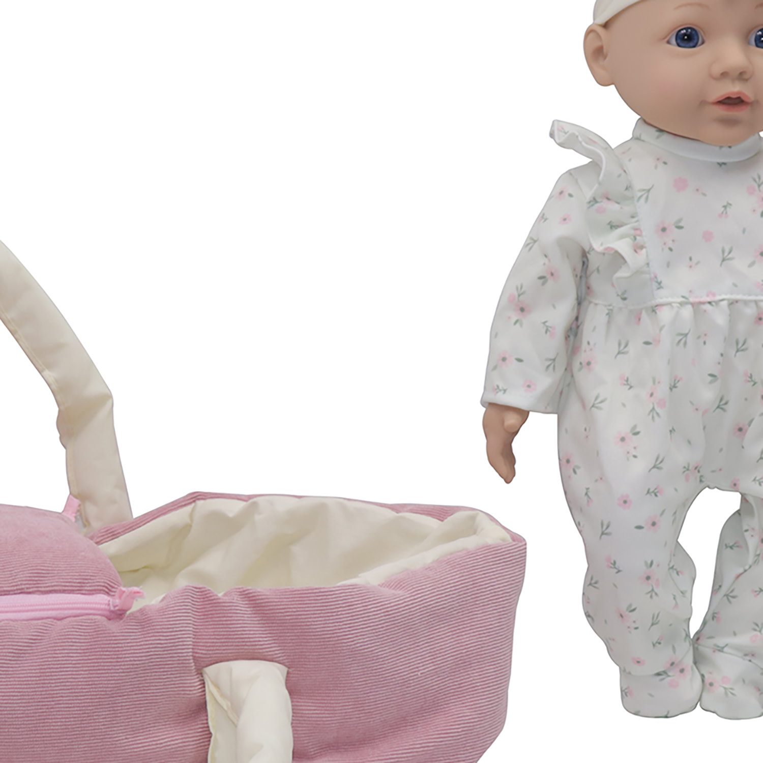 Baby Dreami: 16" Baby Doll Bassinet Playset - White & Pink Floral Onesie, Plush Animal Rabbit Blanket, Carry Bed, Feeding Bottle Toy, Kids-Toddlers 2+