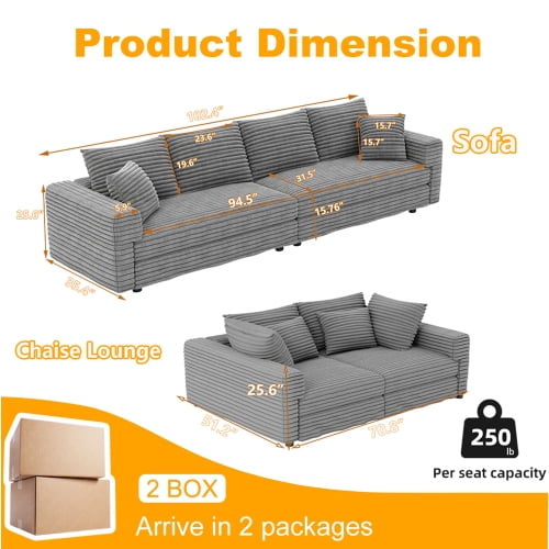 Howcool 102" Modular Cloud Sectional Sofa, Modern Oversized Deep Seat Corduroy Couch with Memory Foam Cushions, Built-in Storage and Cup Holders,Gray