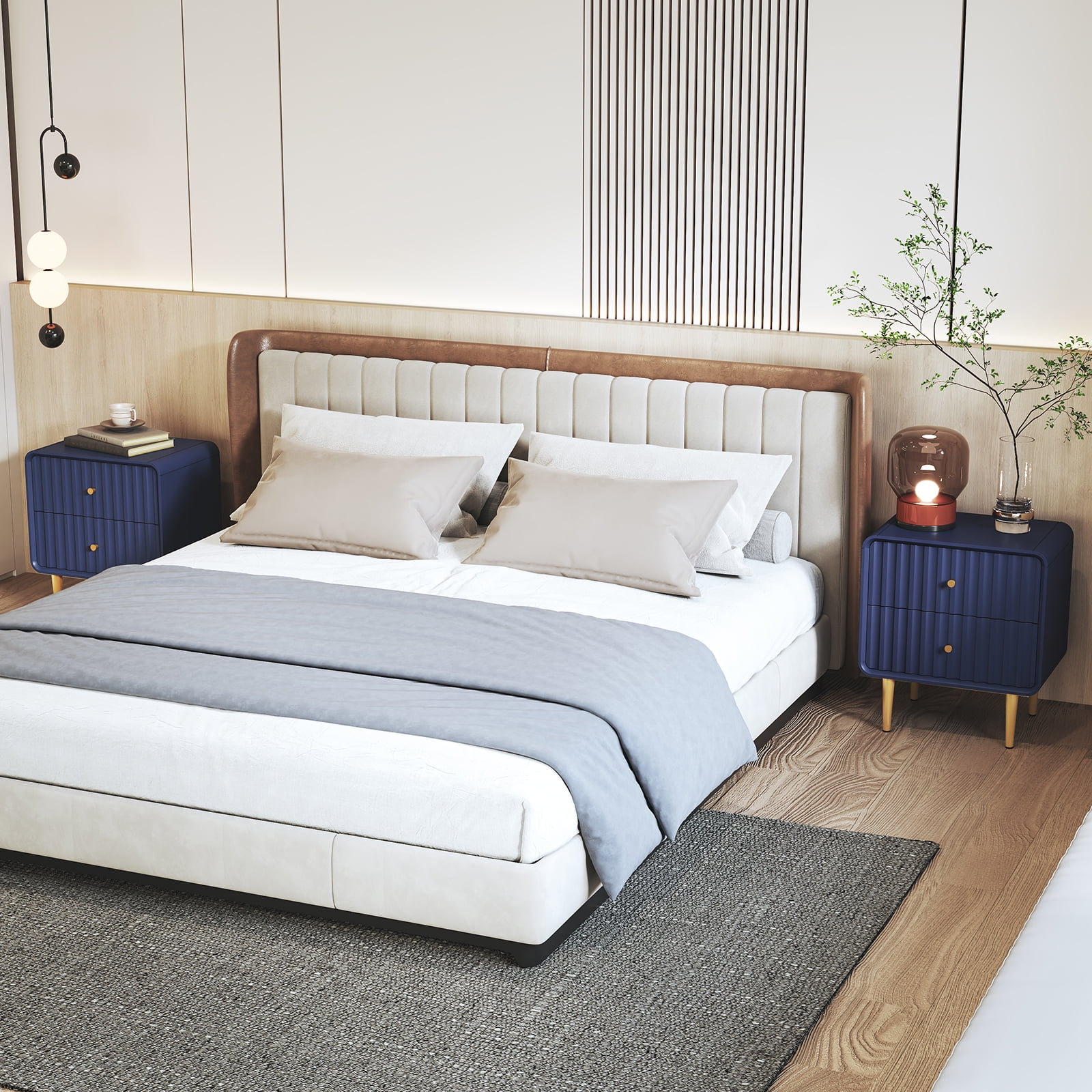 HLR Modern Fluted Wood Nightstand with 2 Drawers, Bedroom Blue Bed SideTable with Storage