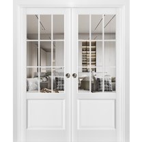 Sliding French Double Pocket Doors | Felicia 3599 White Silk with Clear Glass | Kit Trims Rail Hardware | Solid Wood Interior Bedroom Sturdy Doors-36" x 84" (2* 18x84)-Clear Glass