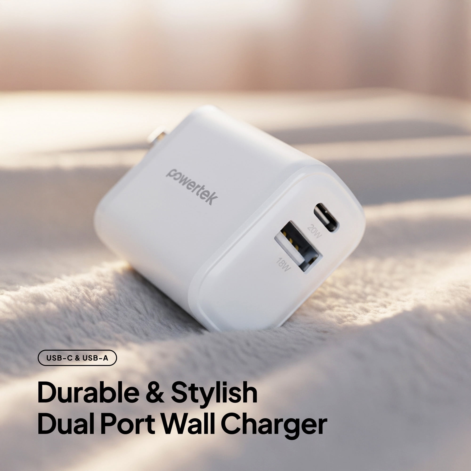 Powertek 20W USB-C PD + USB-A Dual Port Wall Charger, White