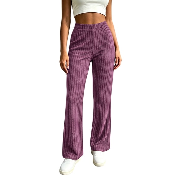 Yyeselk Women's Striped Knit Flare Leggings Elastic High Waisted Baggy Bell Bottoms Wide Leg Yoga Workout Fall Casual Pants Purple XXL