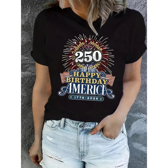 Retro 250th Anniversary Happy Birthday America 1776-2026 Patriotic Graphic Tee Women's Short Sleeve T-Shirt USA Independence Day Celebration Top