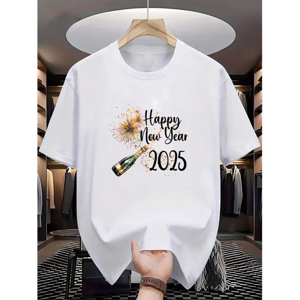 Camiseta informal de manga corta y cuello redondo para hombre con estampado "Feliz Año Nuevo 2025" para verano.