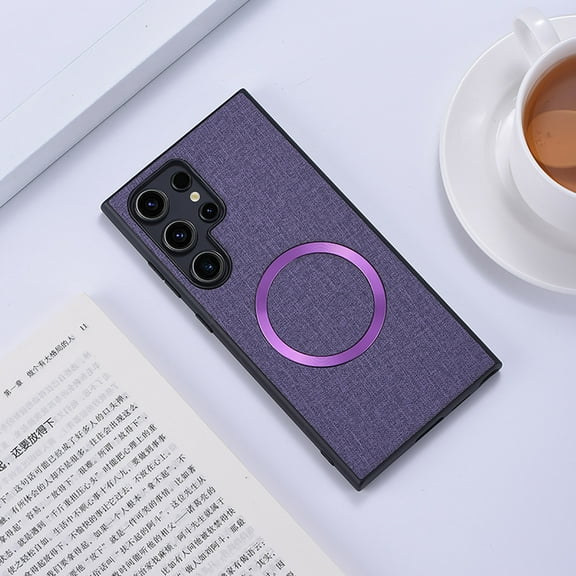 For Samsung Galaxy S24 Ultra Matte Case [Compatible with Magsafe] Soft TPU Bumper   PU Leather Cloth Textured Back Ultra-Thin Business Shockproof Soft Drop Protective Case,Purple