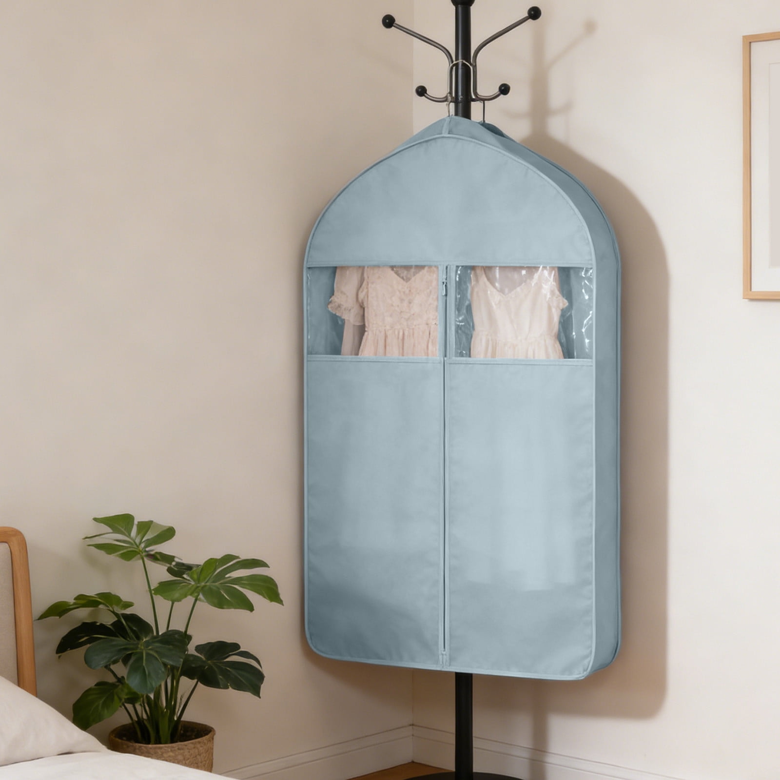 Weloille Garment Bag for Travel and Storage with Transparent Window, Foldable Waterproof Paper Material, for Hanging Clothes Coats Jackets Shirts, Gray Pink Blue
