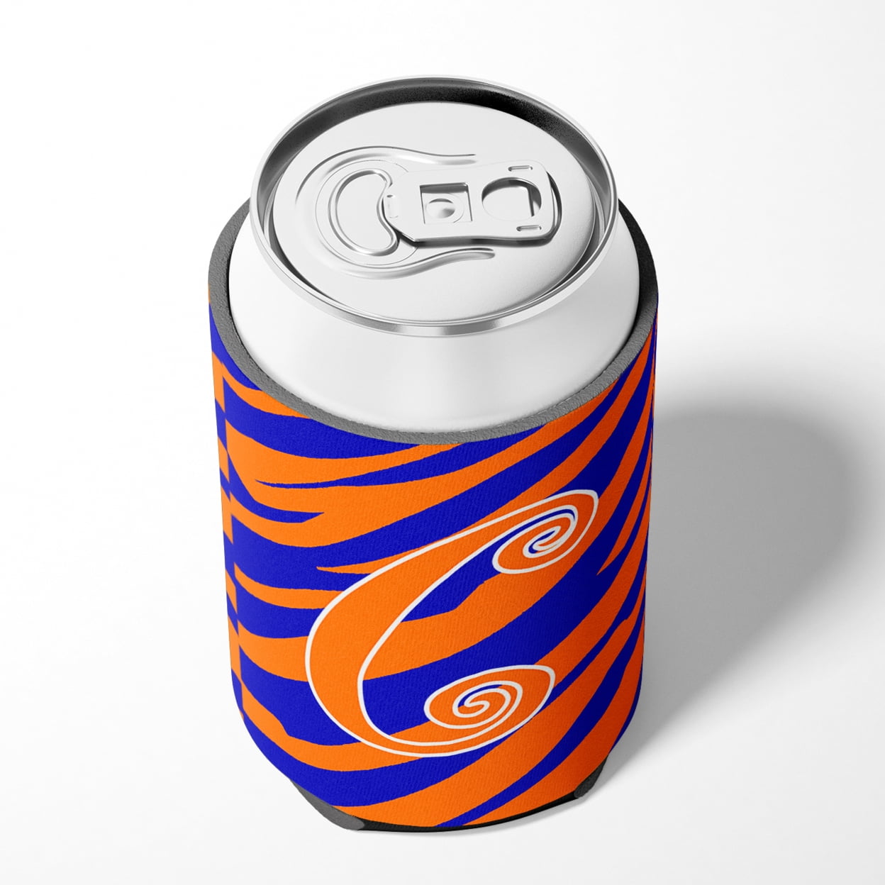 Letter C Initial Tiger Stripe Blue and Orange Can or Bottle Hugger