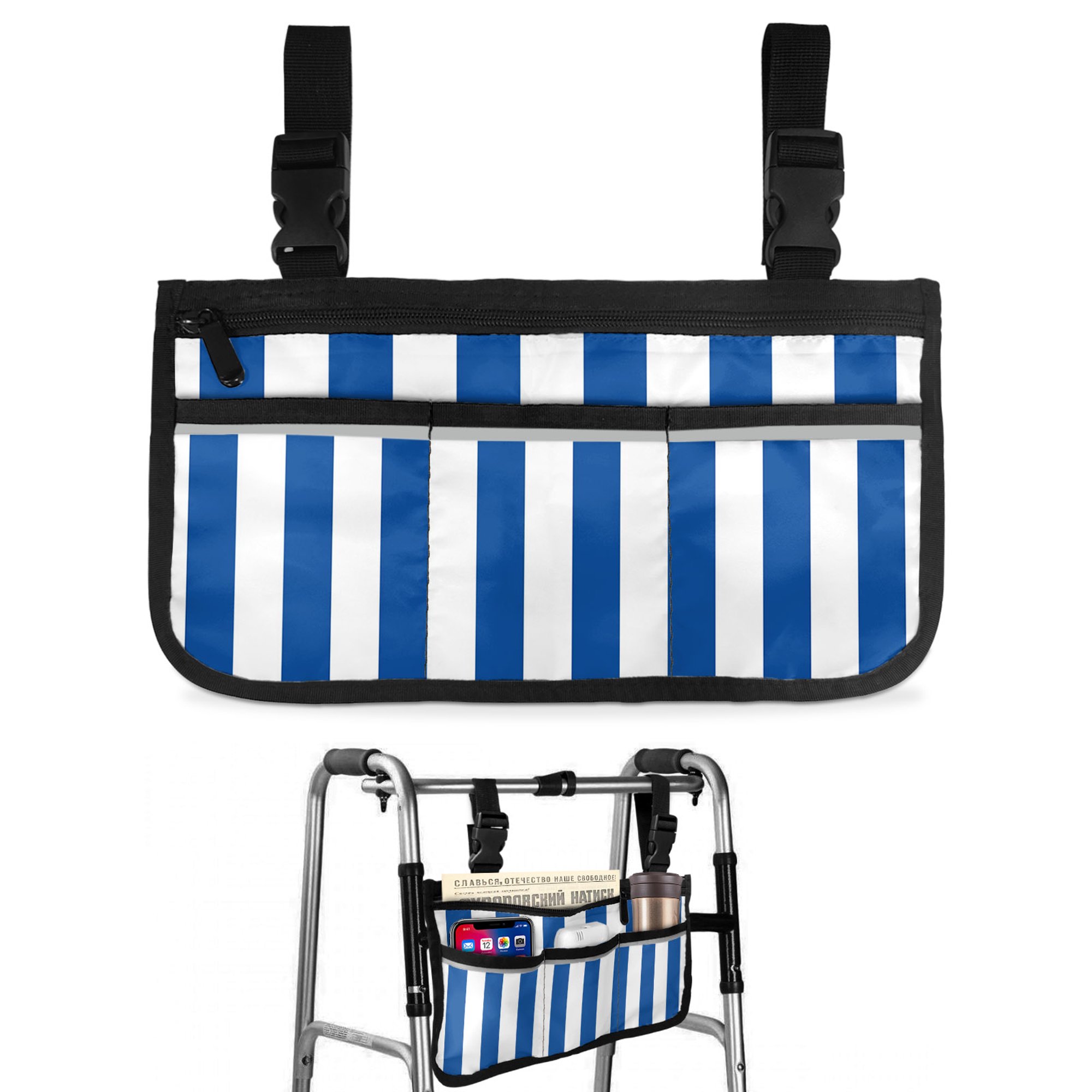 Vertical Stripe Wheelchair Side Bag with Cup Holder, Minimalist Modern Cobalt Parallel Colored Line Wheelchair Armrest Bag Storage Pouch Adults, Seniors for Walkers, Rollator, Scooter