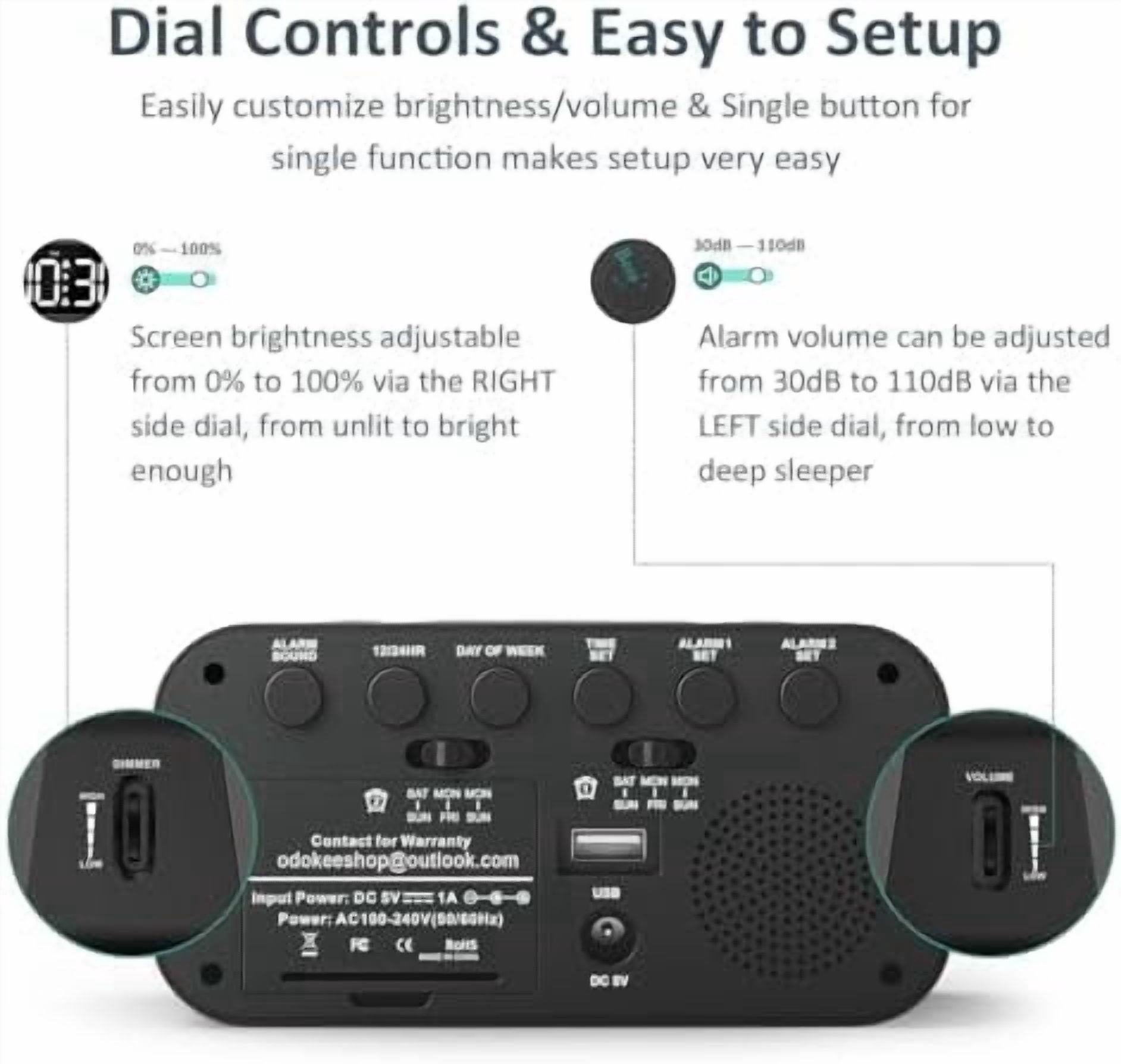 Digital Dual Alarm Clock for Bedroom, Easy to Set, 0-100% Dimmer, USB Charger, 5 Sounds Adjustable Volume, Weekday/Weekend Mode, Snooze, 12/24Hr, Battery Backup, Compact Clock for Bedside