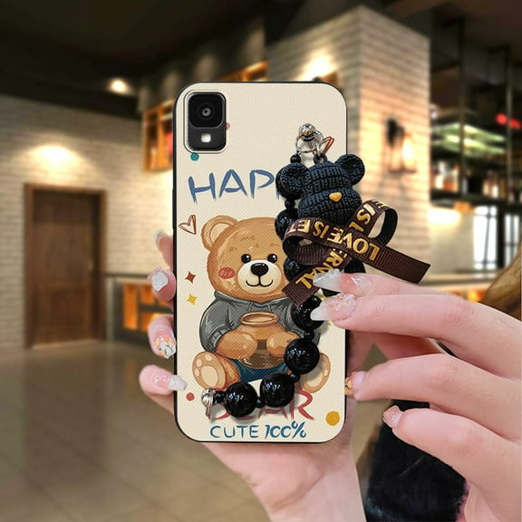 LYM-Phone Case For TCL 30Z/30LE/T602DL, Dirt-resistant silicone soft case Skin-friendly feel Cartoon Anti-knock Simplicity Bear bracelet Black pearl pendant cute Back Cover Waterproof