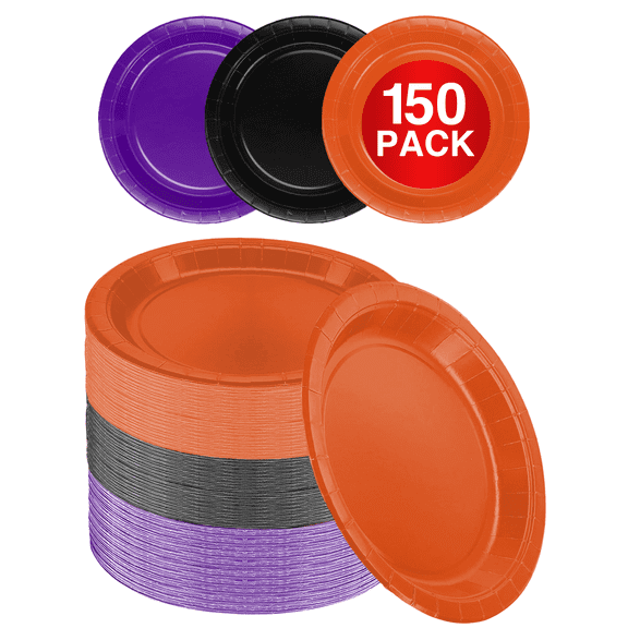 Disposable Paper Plates Purple Black Orange, 6 Inches Paper Dessert Plates, Strong and Sturdy Disposable Plates for Halloween Party, Picnic, or Travel Party Plates, Pack of 150 - Amcrate