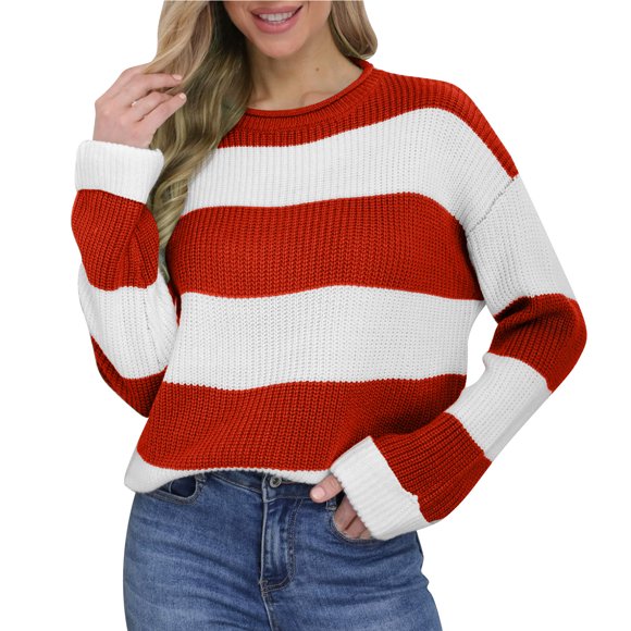 Lenpel Women's Sweaters Casual Long Sleeve Crew Neck Color Block Loose Chunky Knit Pullover Sweater Tops Fall Winter Clothes(Orange,Small)