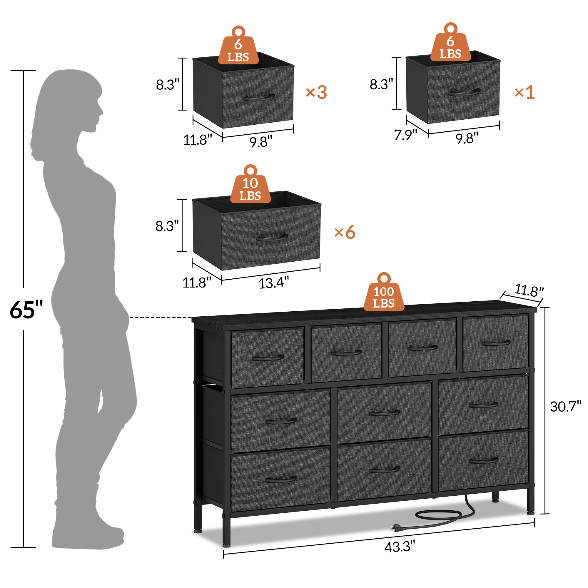 Laintene Dresser TV Stand with 10 Drawer, 50" TV Stand with Power Outlet, Fabric Dressers for Bedroom, Wooden Top for Storage, Chest of Drawers for Living Room, Hallway, Entryway, Gray