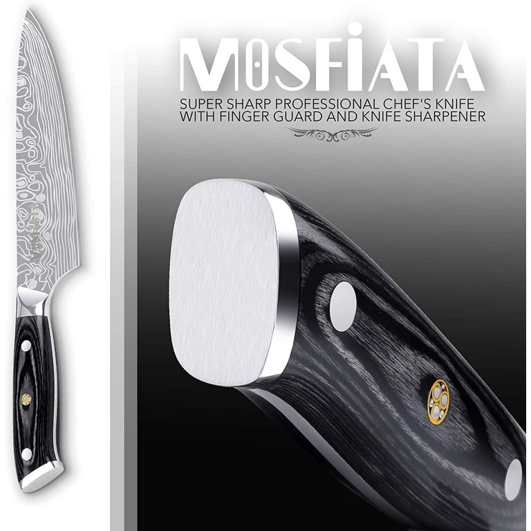 MOSFiATA 8” - Super Sharp Titanium Plated Chef's Knife with Finger Guard  and Knife Sharpener GiftBox 