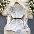 thumbnail image 4 of Conjunto de dos piezas de diamantes de la industria pesada para mujer, traje de cintura versátil, chaqueta de cintura alta, pantalones de cuero ancho, Otoño, nuevo, 4 of 5