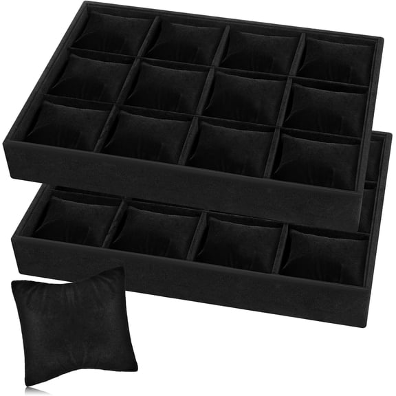 2 PCS Watch Display Cases, 12 Grid Watch Storage Box, Velvet Watch Tray with Removable Pillows, Stackable Jewelry Organizer, Stylish and Organized Multifunctional Bracelet Bangle Tray