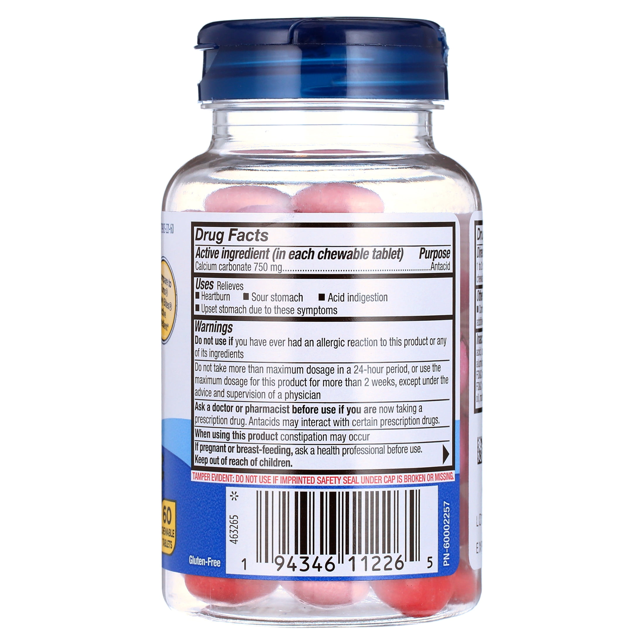 Equate Gluten-Free Calcium Carbonate Antacids Chewables for Digestive Concern, Acid Indigestion with Chewable Tablets, 750 mg, 60 Count