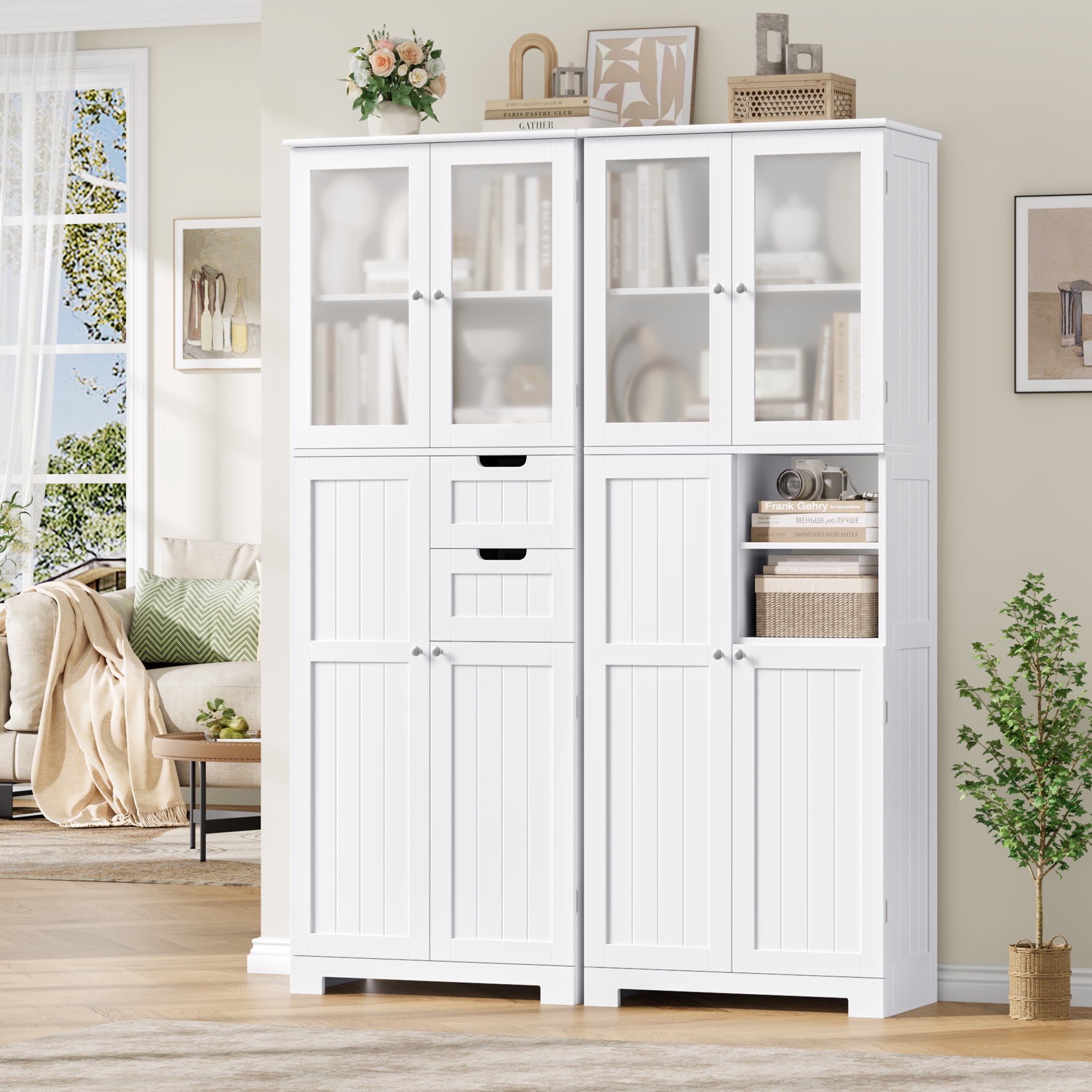 Homfa 67" Tall Bathroom Cabinet, White Linen Cabinet with Doors and Removable Drawers, Kitchen Cupboard